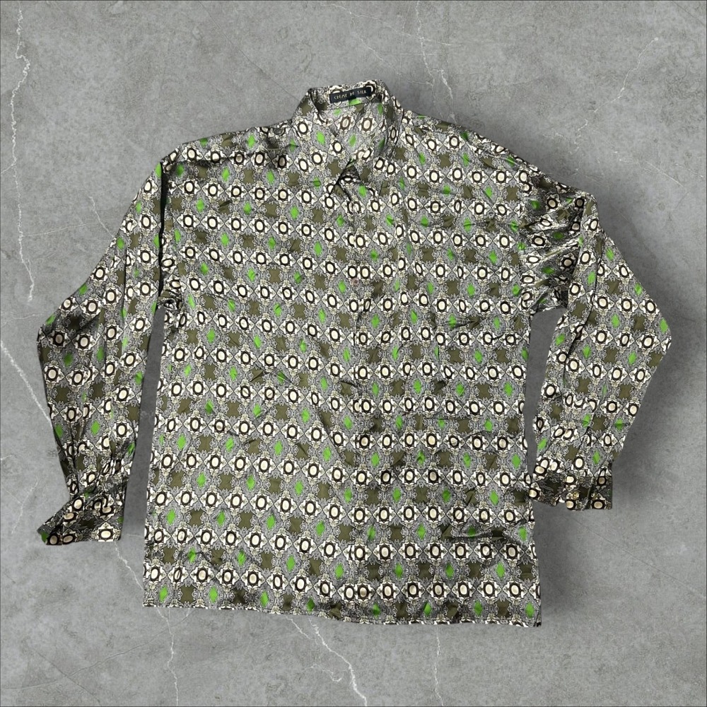 Creme De Silk Button Down Shirt Mens Large Green Geometric Diamond 100% Silk